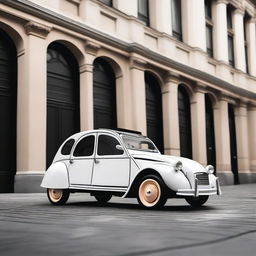 A lowered Citroen 2CV with 22-inch rims, showcasing a sleek and modern look while maintaining the classic charm of the vintage car