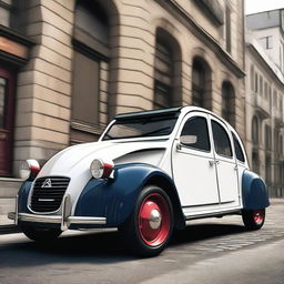 An extremely lowered Citroen 2CV with negative camber and 22-inch rims