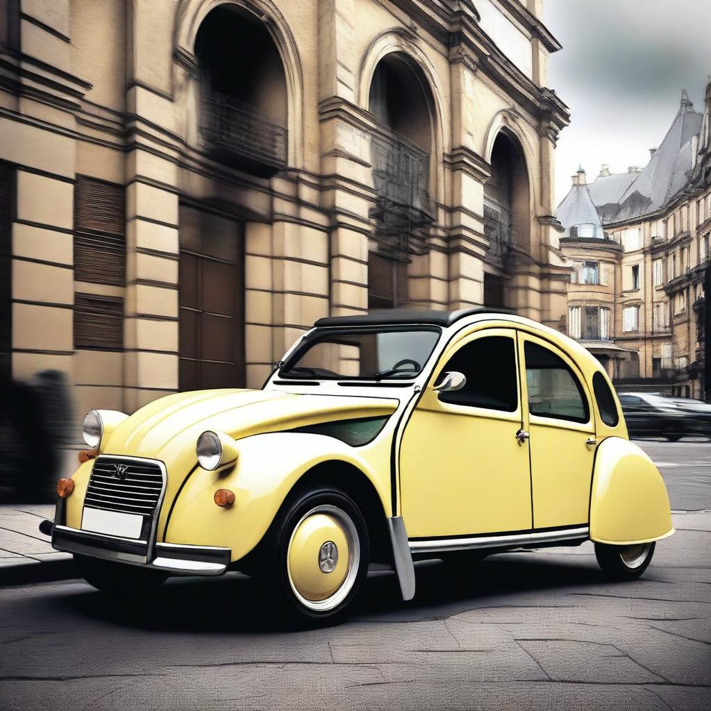 An extremely lowered Citroen 2CV with negative camber and 22-inch rims