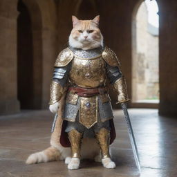 A noble cat paladin, donned in radiant plate armor with a bejeweled sword by its side, standing tall and proud within a castle's grand hall.