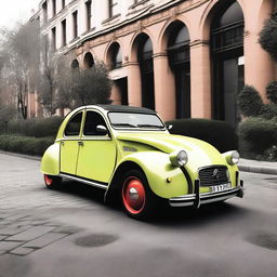 An extremely lowered Citroen 2CV with negative camber and 22-inch rims