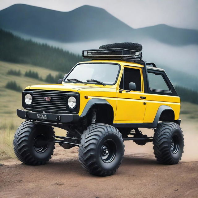 A Zastava Yugo transformed into a monster truck, featuring oversized tires, lifted suspension, and a rugged, off-road appearance