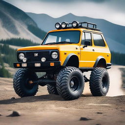 A Zastava Yugo transformed into a monster truck, featuring oversized tires, lifted suspension, and a rugged, off-road appearance