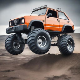 A Zastava Yugo transformed into a monster truck, featuring oversized tires, lifted suspension, and a rugged, off-road appearance