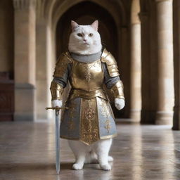 A noble cat paladin, donned in radiant plate armor with a bejeweled sword by its side, standing tall and proud within a castle's grand hall.