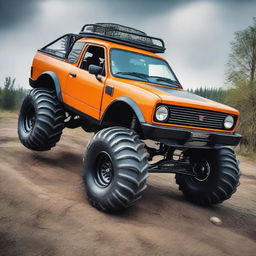 A Zastava Yugo transformed into a monster truck, featuring oversized tires, lifted suspension, and a rugged, off-road appearance