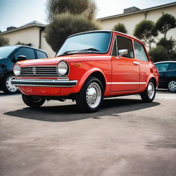 An Autobianchi A112 car, lowered with 22-inch rims, giving it a sleek and stylish appearance