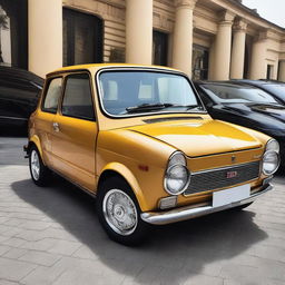 An Autobianchi A112 car, lowered with 22-inch rims, giving it a sleek and stylish appearance