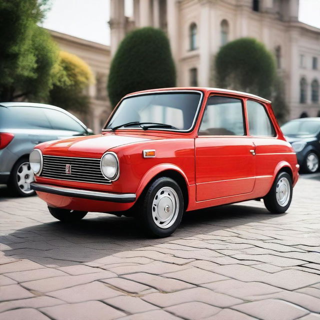 An Autobianchi A112 car, lowered with 22-inch rims, giving it a sleek and stylish appearance