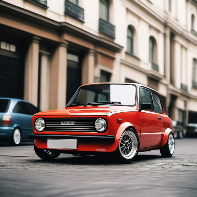 A slammed Autobianchi A112E, showcasing its extremely lowered stance and customized appearance