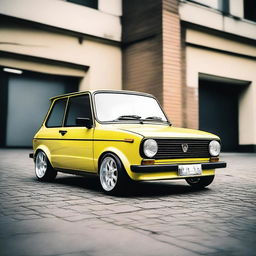 A slammed Autobianchi A112E, showcasing its extremely lowered stance and customized appearance