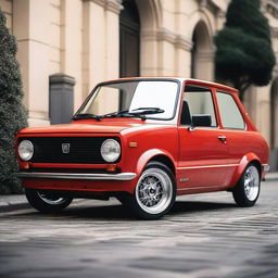 A slammed Autobianchi A112E, showcasing its extremely lowered stance and customized appearance