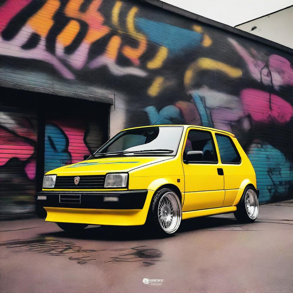 A 1988 Fiat Panda with a slammed stance, featuring an extremely wide bodykit