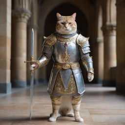 A noble cat paladin, donned in radiant plate armor with a bejeweled sword by its side, standing tall and proud within a castle's grand hall.