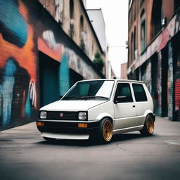 A 1988 Fiat Panda with a slammed stance, featuring an extremely wide bodykit