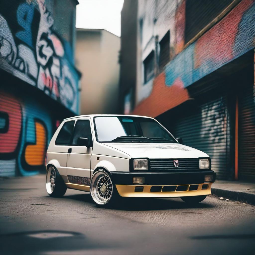 A 1988 Fiat Panda with a slammed stance, featuring an extremely wide bodykit