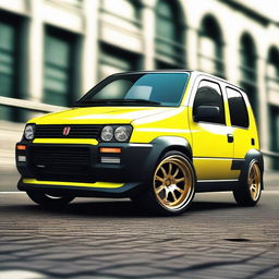 Create an image of a modified Fiat Panda with a slammed stance and extra wide tires