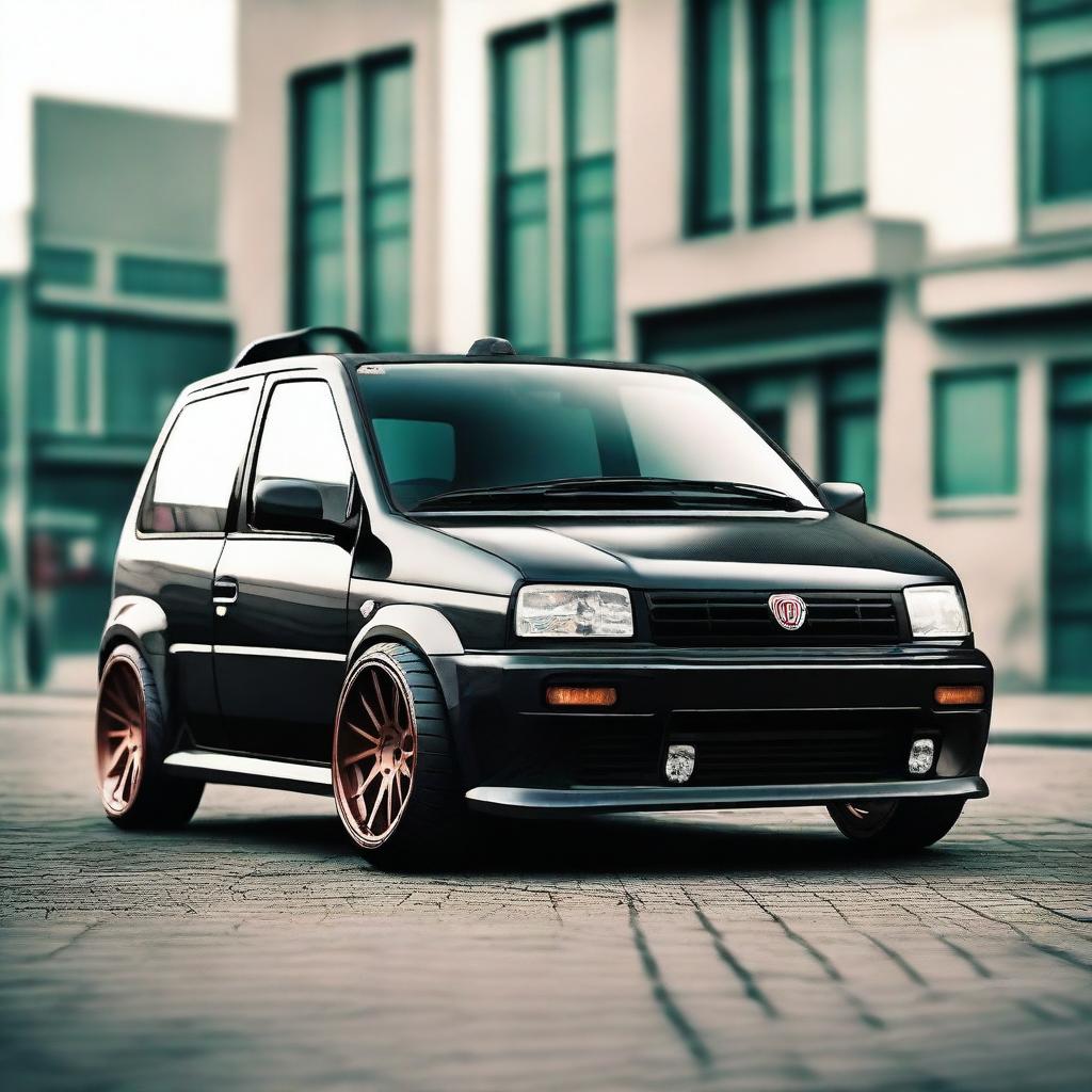 Create an image of a modified Fiat Panda with a slammed stance and extra wide tires