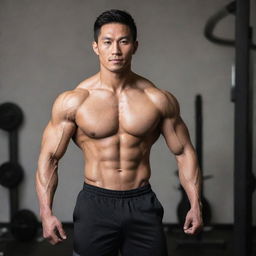 A muscular Asian man showcasing his fitness physique in gym attire.