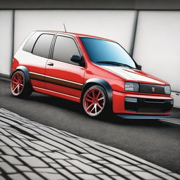 Create an image of a modified Fiat Panda with a slammed stance and extra wide tires