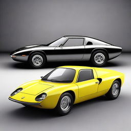 Create an image of a unique car that combines the sleek and stylish design of a Lamborghini Miura S with the quirky, three-wheeled structure of a Reliant Robin