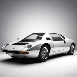 Create an image of a unique car that combines the sleek and stylish design of a Lamborghini Miura S with the quirky, three-wheeled structure of a Reliant Robin