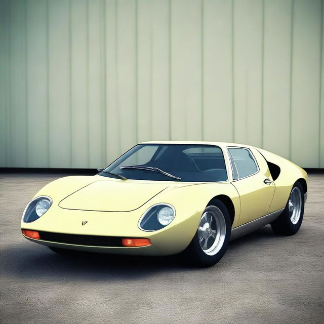 Create an image of a unique car that combines the sleek and stylish design of a Lamborghini Miura S with the quirky, three-wheeled structure of a Reliant Robin