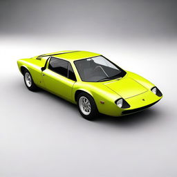 Create an image of a unique car that combines the sleek and stylish design of a Lamborghini Miura S with the quirky, three-wheeled structure of a Reliant Robin