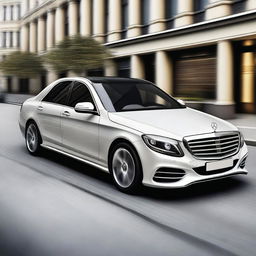 Create an image of a car that combines the luxurious and elegant design of a Mercedes S-Class with the robust and practical features of a Lada 112