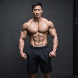 A muscular Asian man showcasing his fitness physique in gym attire.