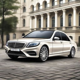 Create an image of a car that combines the luxurious and elegant design of a Mercedes S-Class with the robust and practical features of a Lada 112