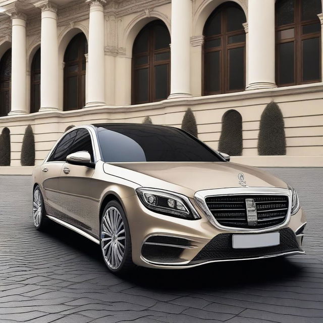 Create an image of a car that combines the luxurious and elegant design of a Mercedes S-Class with the robust and practical features of a Lada 112