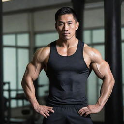 A muscular Asian man showcasing his fitness physique in gym attire.