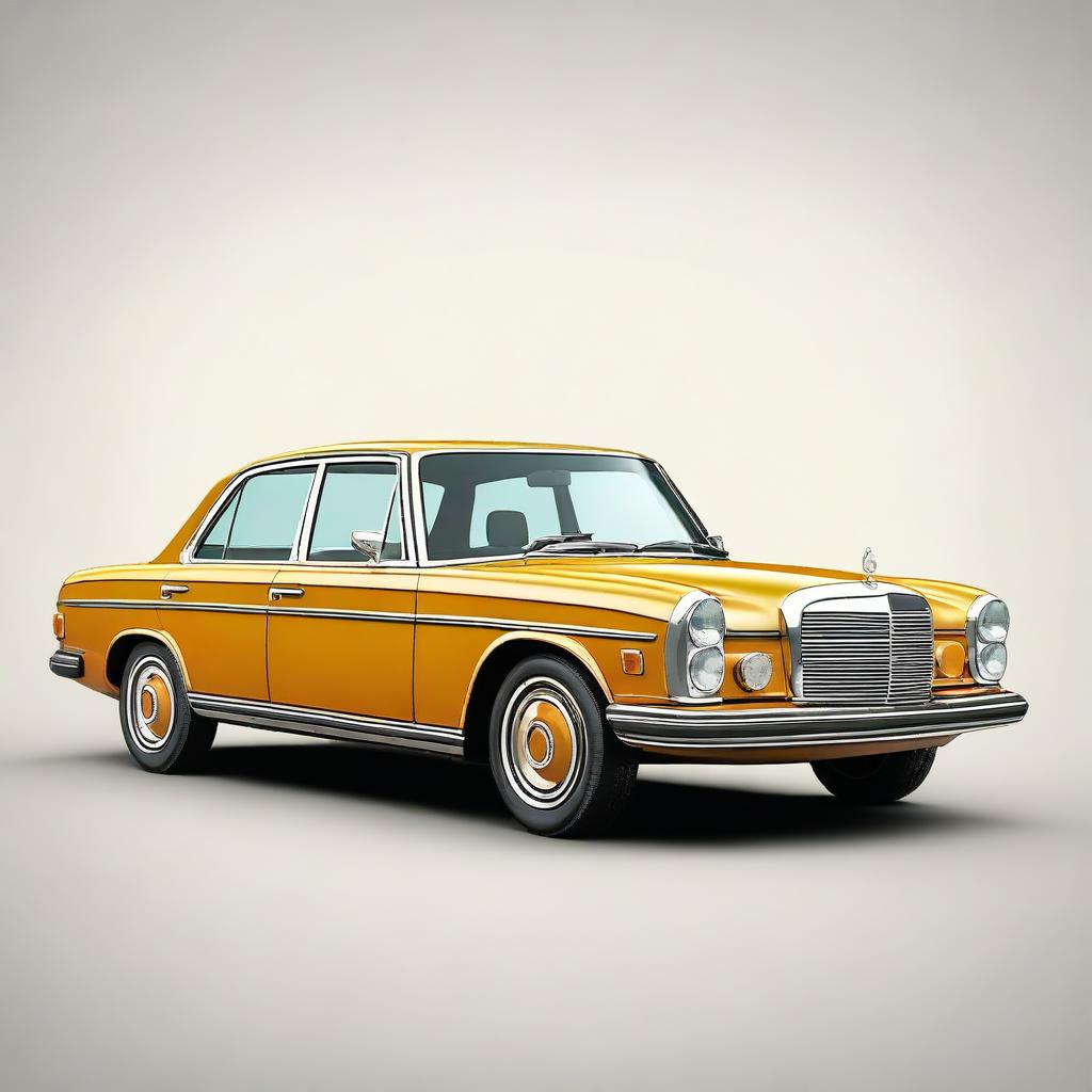 Create a hyper-realistic image of a 1970s Mercedes 240D with no background, focusing on the intricate details of the car