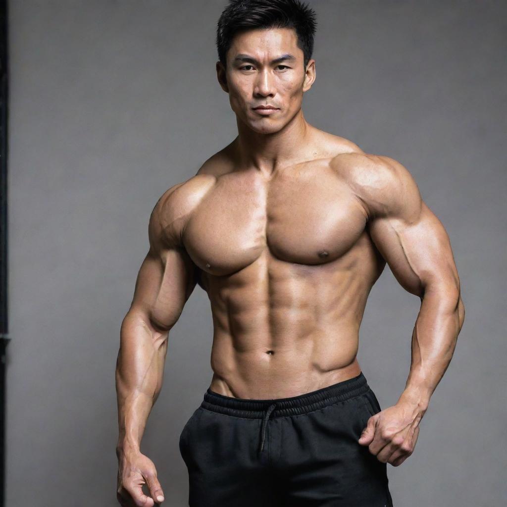 A muscular Asian man showcasing his fitness physique in gym attire.