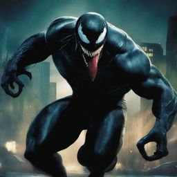 Create a dynamic and intense poster for Venom, featuring the iconic Marvel character in a dark, gritty cityscape