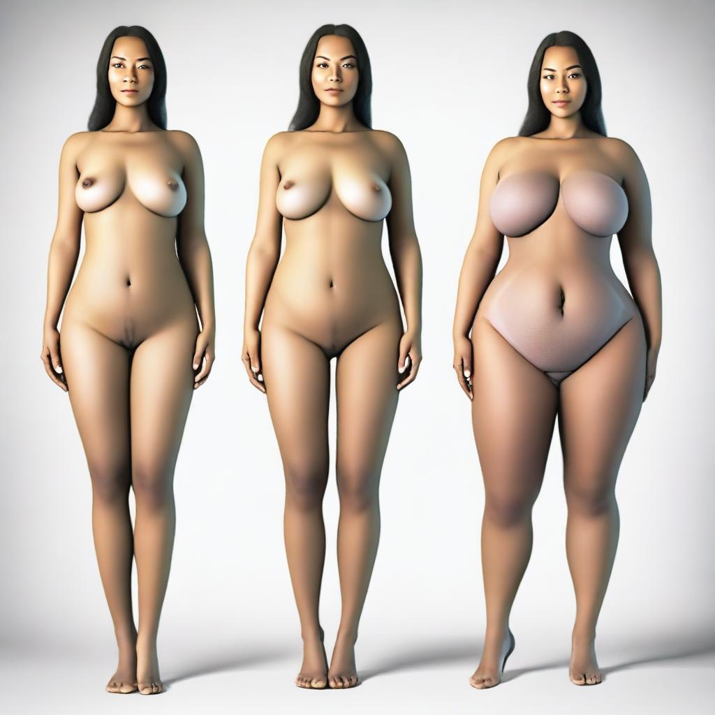 A thin woman with very wide hips, small shoulders, and big breasts