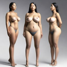 A thin woman with very wide hips, small shoulders, and very big breasts