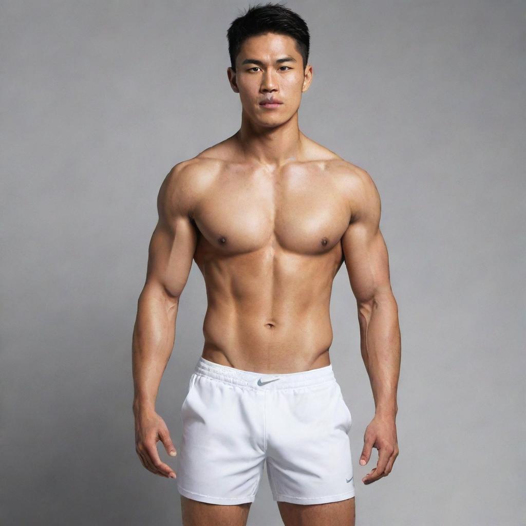 An athletic Asian man, shirtless, in white underwear and scuffed white Nike sneakers, displaying his muscular physique.