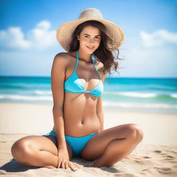 Create an image of a woman wearing a sexy bikini on a beach