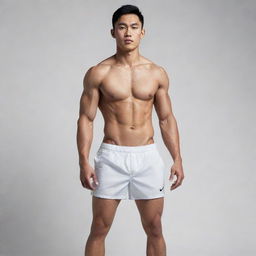 An athletic Asian man, shirtless, in white underwear and scuffed white Nike sneakers, displaying his muscular physique.