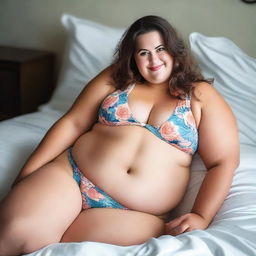 Create an image of a chubby woman wearing a sexy bikini while lying on a bed