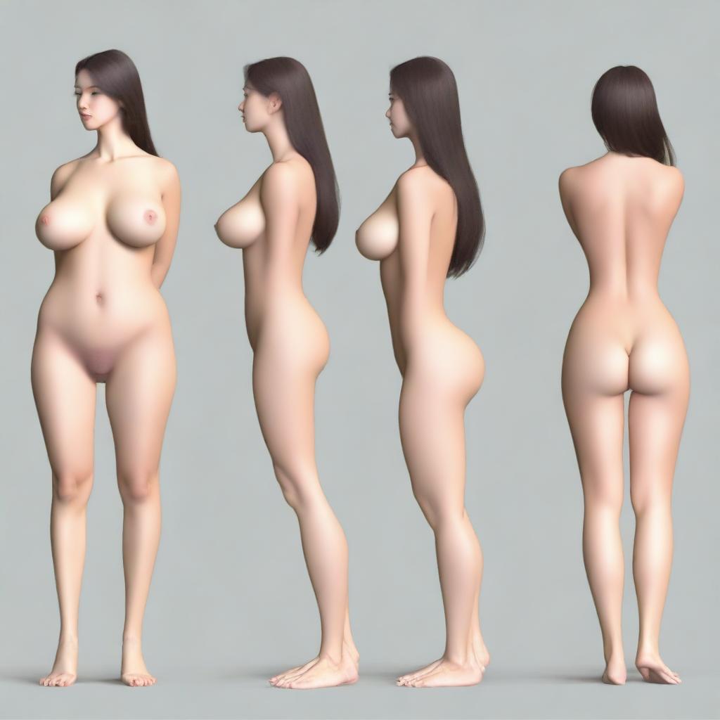 A thin woman with very wide hips, small shoulders, and large breasts