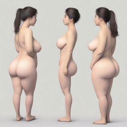 A thin woman with very wide hips, small shoulders, and large breasts