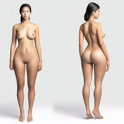 A thin woman with very wide hips, small shoulders, and large breasts