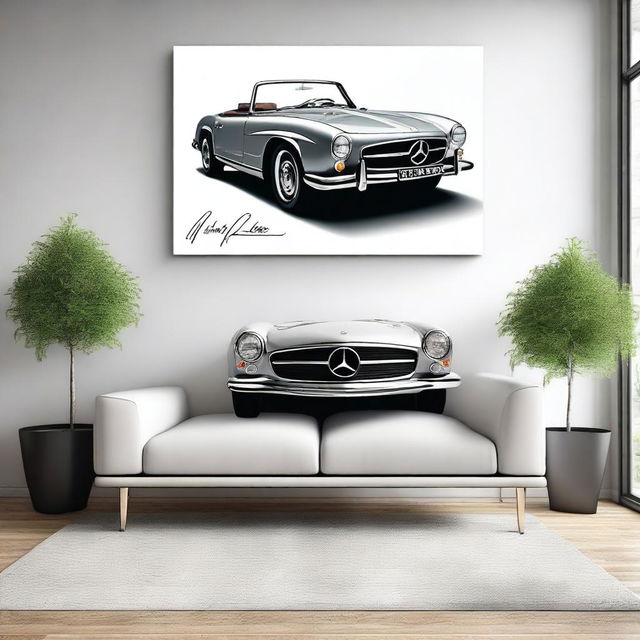 A modern living room featuring a large canvas painting of an ultra-realistic sketch of a 1960s Mercedes SL with no background