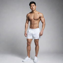 An athletic Asian man, shirtless, in white underwear and scuffed white Nike sneakers, displaying his muscular physique.