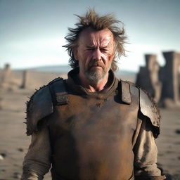 A slim, middle-aged man in poor clothes with a rusted breastplate