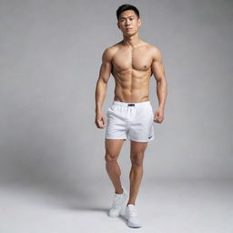 An athletic Asian man, shirtless, in white underwear and scuffed white Nike sneakers, displaying his muscular physique.