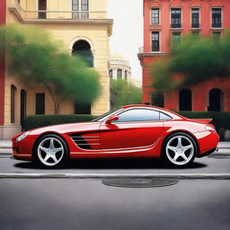 Create a large canvas featuring an ultra-realistic depiction of a Mercedes SLR 107